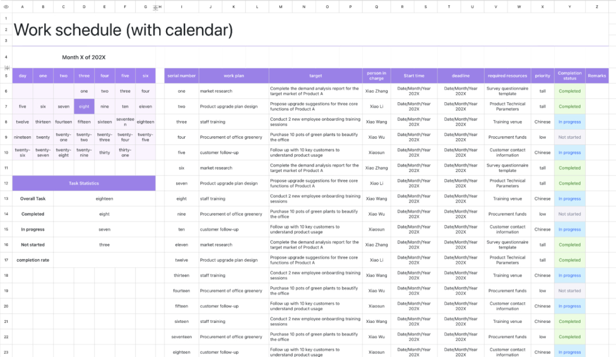 Work schedule (with calendar)